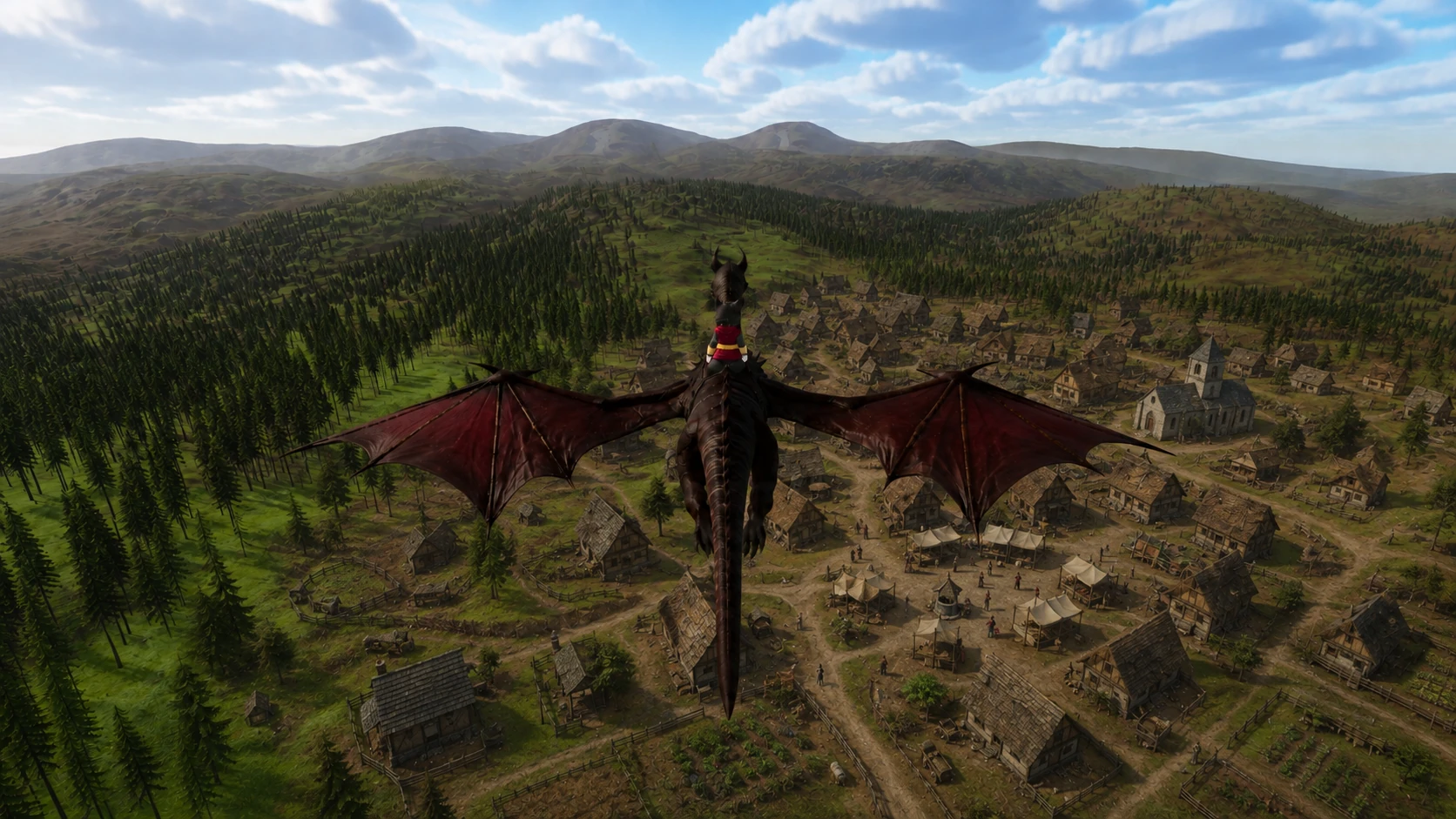 Adventure artwork of RobiCat flying over a forest and a planned medieval village